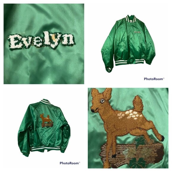 Vintage Green Nylon Varsity Jacket Evelyn Letterman Style Deer Patch Design L - Picture 1 of 7